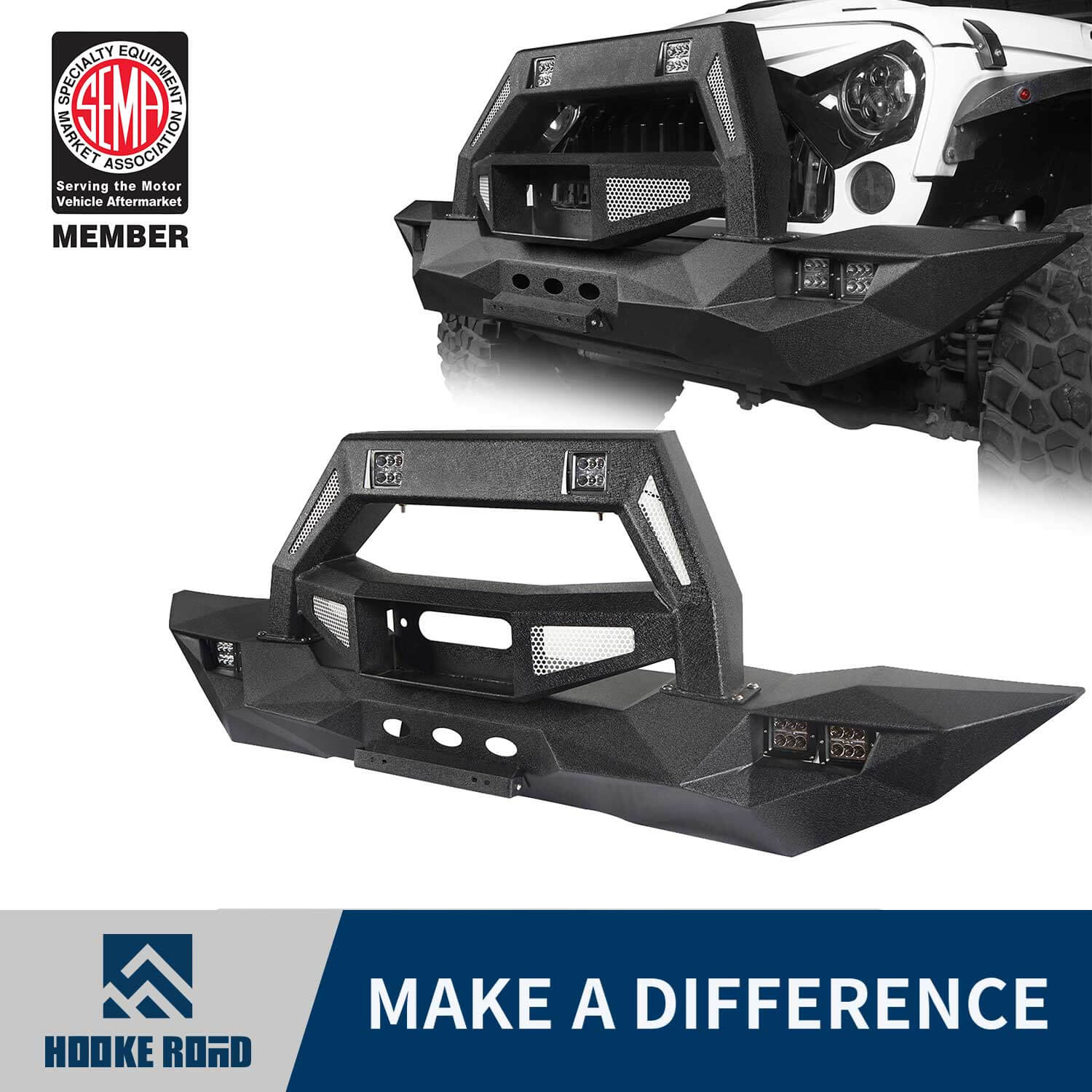 HookeRoad Jeep JK Full Width Front Bumper w/Bull Bar for 2007-2018