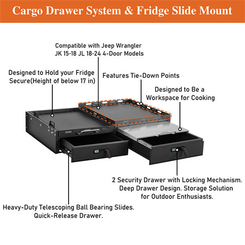 Load image into Gallery viewer, Hooke Road Jeep Wrangler Drawer System &amp; Fridge Slide Mount for 2015-2024 Jeep Wrangler JK JL 4-Door b2089s 26
