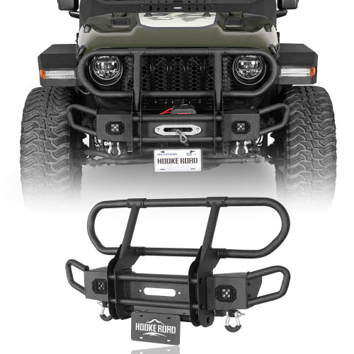 Hooke Road Front Bumper w/ Grille Guard & Winch Plate for 2018-2024 Jeep Wrangler JL & 2020-2024 Gladiator JT b3081s 1