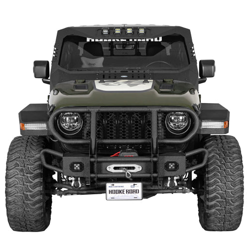 Hooke Road Front Bumper w/ Grille Guard & Winch Plate for 2018-2024 Jeep Wrangler JL & 2020-2024 Gladiator JT b3081s 2