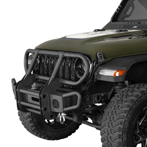 Hooke Road Front Bumper w/ Grille Guard & Winch Plate for 2018-2024 Jeep Wrangler JL & 2020-2024 Gladiator JT b3081s 3