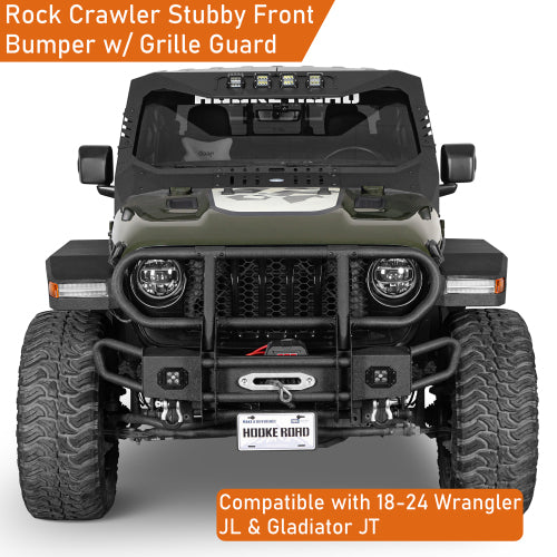 Hooke Road Front Bumper w/ Grille Guard & Winch Plate for 2018-2024 Jeep Wrangler JL & 2020-2024 Gladiator JT b3081s 9