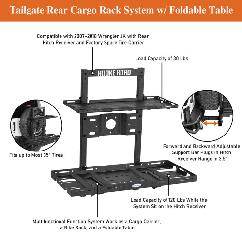 Hooke Road  Jeep Wrangler Tailgate Cargo Carrier w/ Foldable Table for 2007-2018 Jeep Wrangler JK b2100s 13