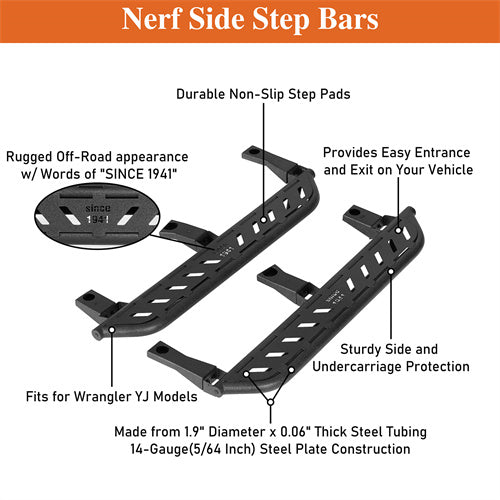 Hooke Road Jeep YJ Running Boards Nerf Side Step Bars for 1987-1995 Jeep Wrangler YJ b1065s  11