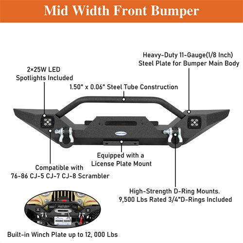 Load image into Gallery viewer, Hooke Road Mid Width Front Bumper w/ Winch Plate for 1976-1986 Jeep CJ-5 CJ-7 CJ-8 Scrambler b1081s 12
