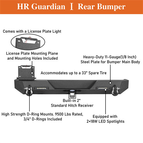 Load image into Gallery viewer, Hooke Road Rear Bumper with LED Lights &amp; 2&quot; Hitch Receiver for 1987-1995 Jeep Wrangler YJ b1062s 11
