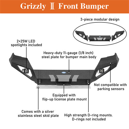 Hooke Road Tacoma Front Bumper with Skid Plate & LED Lights for 2016-2023 Toyota Tacoma 3rd Gen b4227s 14