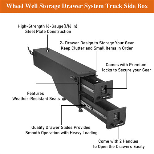 Load image into Gallery viewer, Hooke Road Wheel Well Storage Drawer System Truck Side Box for 2015-2022 Chevy Colorado GMC Canyon  5&#39;2&quot; Bed b9105s 11
